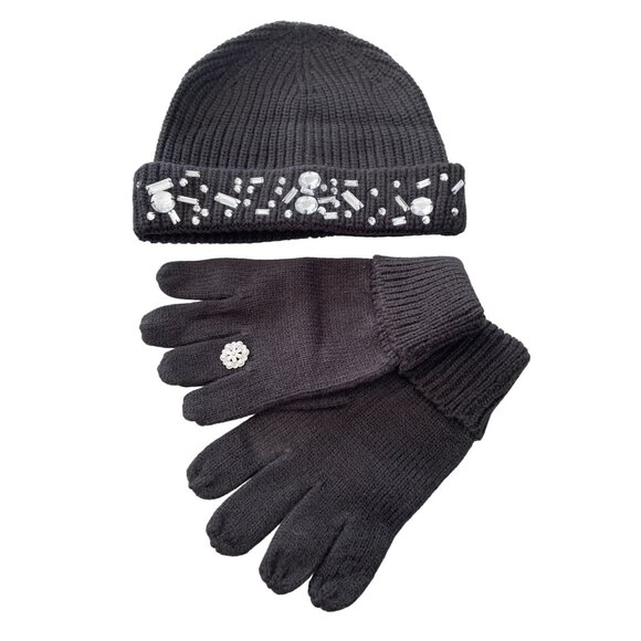 IMAN Global Chic Embellished Beanie and Glove Set One Size Black Silver Winter - Picture 3 of 6